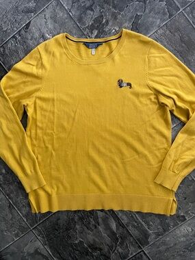 JOULES Dachshund Whimsical Embroidered Mustard Cozy Coastal Crewneck Sweater